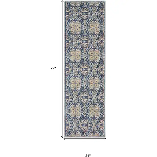 6' Ivory Navy Blue and Yellow Floral Distressed Non Skid Runner Rug Photo 3