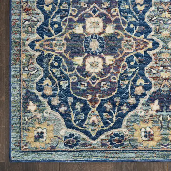 6' Ivory Navy Blue and Yellow Floral Distressed Non Skid Runner Rug Photo 4