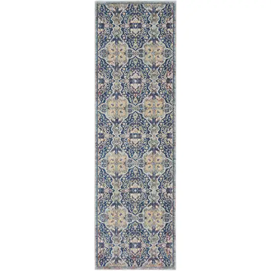 8' Ivory Navy Blue and Yellow Floral Distressed Non Skid Runner Rug Photo 2