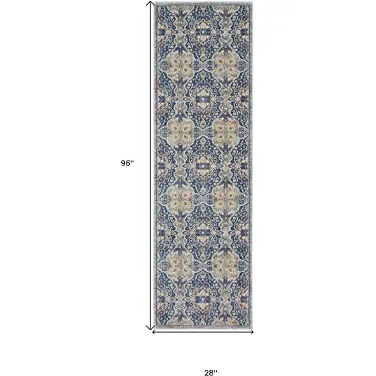 8' Ivory Navy Blue and Yellow Floral Distressed Non Skid Runner Rug Photo 3