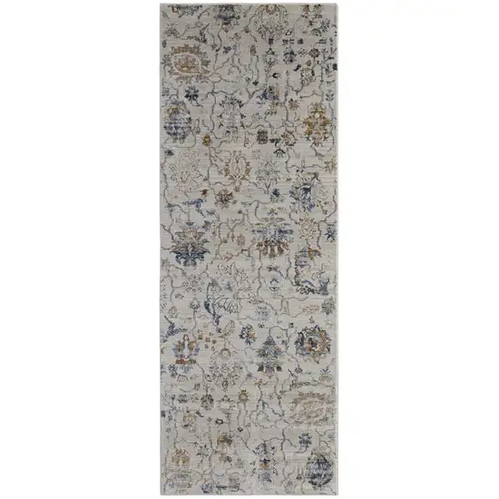 10' Ivory Orange And Blue Floral Power Loom Distressed Runner Rug With Fringe Photo 1