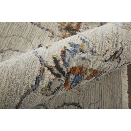 10' Ivory Orange And Blue Floral Power Loom Distressed Runner Rug With Fringe Photo 3