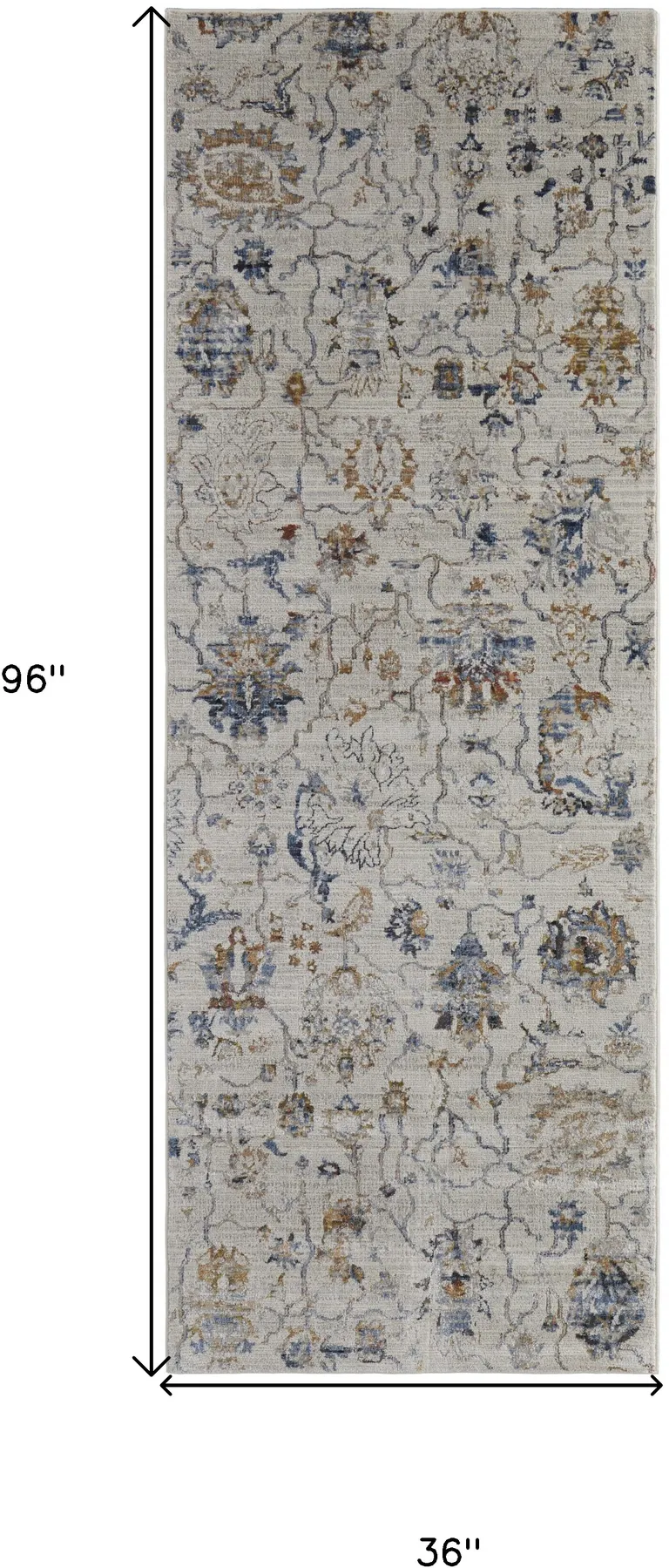 8' Ivory Orange And Blue Floral Power Loom Distressed Runner Rug With Fringe Photo 4