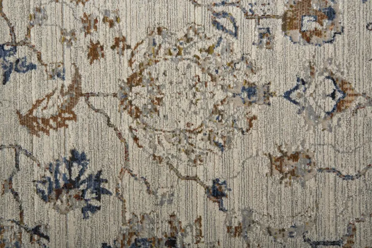 12' Ivory Orange And Blue Floral Power Loom Distressed Runner Rug With Fringe Photo 3