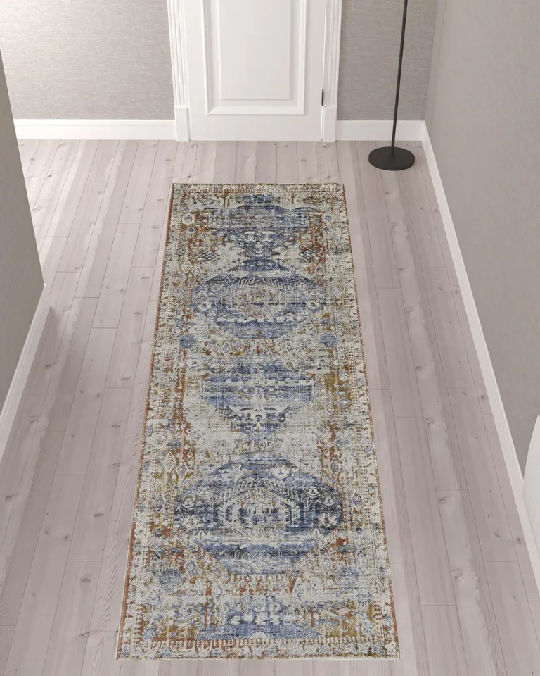 10' Ivory Orange And Blue Floral Power Loom Distressed Runner Rug With Fringe Photo 2