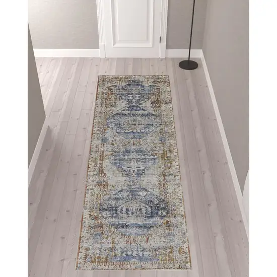 10' Ivory Orange And Blue Floral Power Loom Distressed Runner Rug With Fringe Photo 2