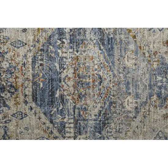 10' Ivory Orange And Blue Floral Power Loom Distressed Runner Rug With Fringe Photo 5