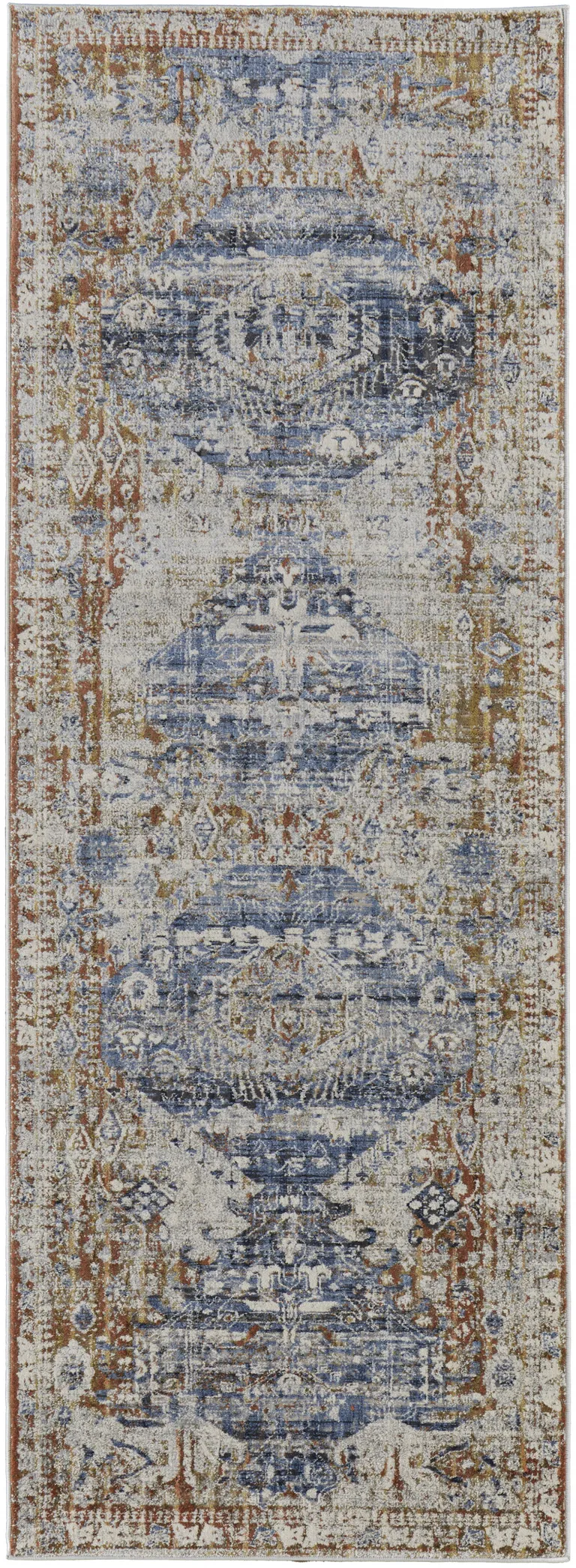 10' Ivory Orange And Blue Floral Power Loom Distressed Runner Rug With Fringe Photo 1