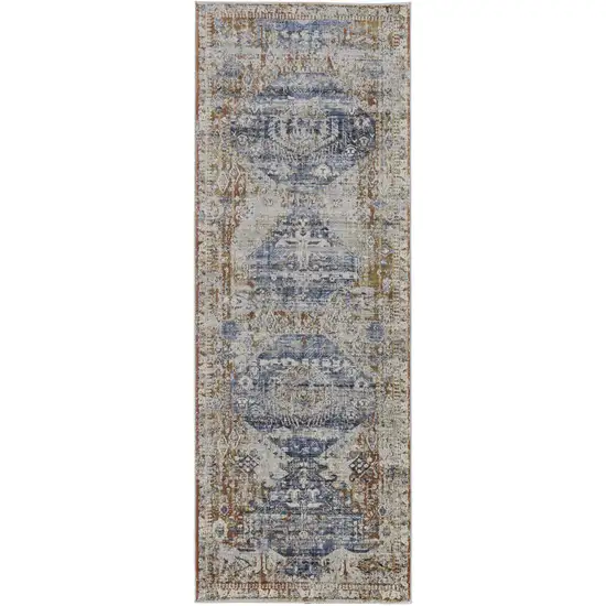 10' Ivory Orange And Blue Floral Power Loom Distressed Runner Rug With Fringe Photo 1