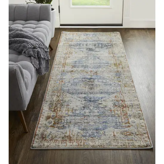 10' Ivory Orange And Blue Floral Power Loom Distressed Runner Rug With Fringe Photo 3