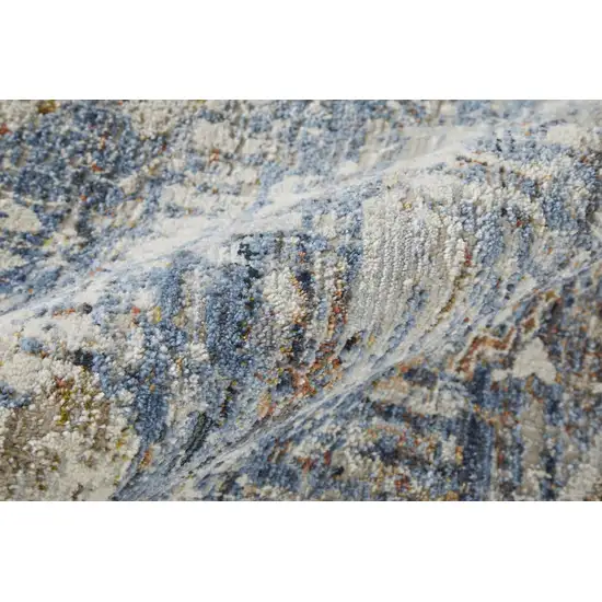 8' Ivory Orange And Blue Floral Power Loom Distressed Runner Rug With Fringe Photo 4
