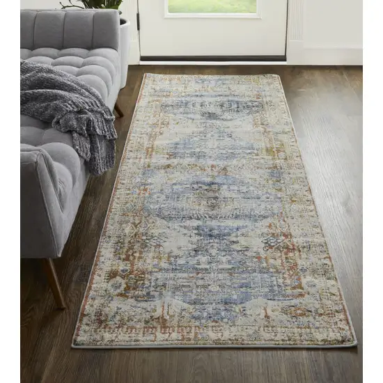 8' Ivory Orange And Blue Floral Power Loom Distressed Runner Rug With Fringe Photo 3