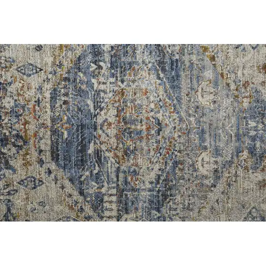 8' Ivory Orange And Blue Floral Power Loom Distressed Runner Rug With Fringe Photo 5