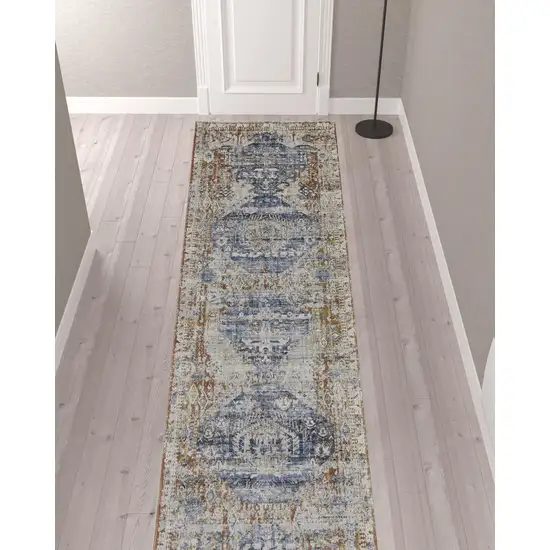 12' Ivory Orange And Blue Floral Power Loom Distressed Runner Rug With Fringe Photo 2