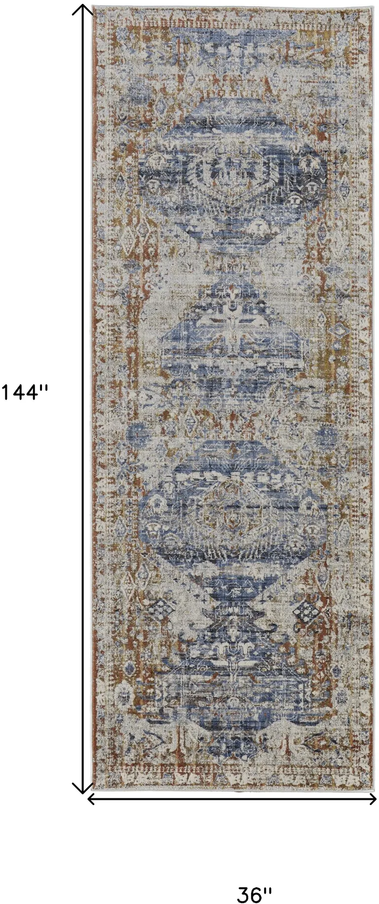 12' Ivory Orange And Blue Floral Power Loom Distressed Runner Rug With Fringe Photo 2