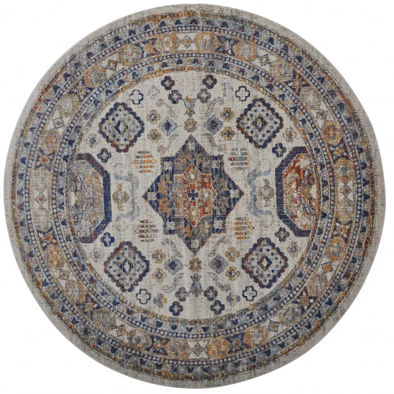 8' Ivory Orange And Blue Round Floral Stain Resistant Area Rug Photo 2