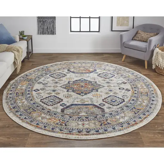 8' Ivory Orange And Blue Round Floral Stain Resistant Area Rug Photo 6