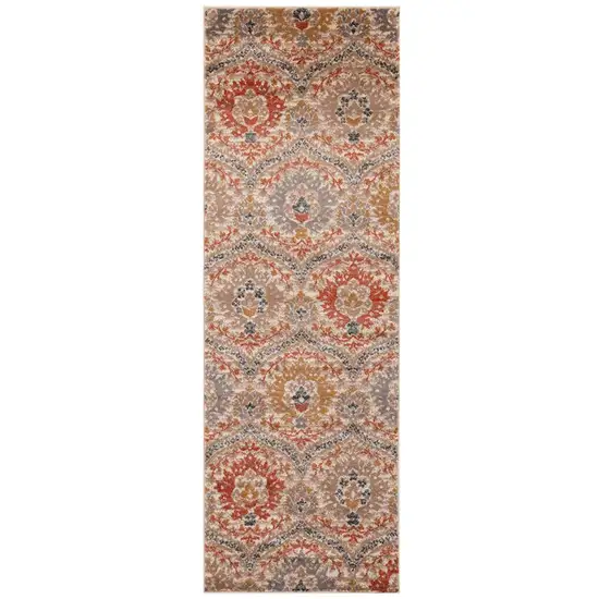 10' Ivory Orange And Gray Floral Stain Resistant Runner Rug Photo 1