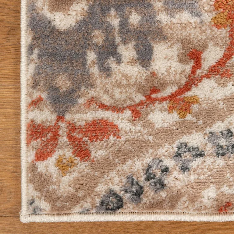 8' Ivory Orange And Gray Floral Stain Resistant Runner Rug Photo 4