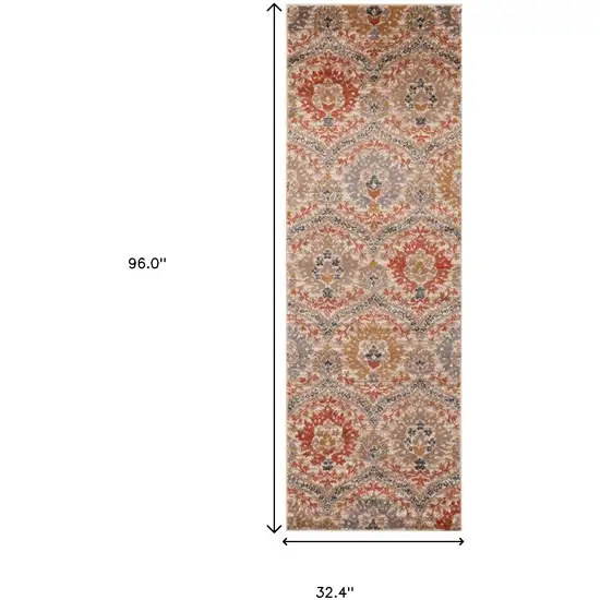 8' Ivory Orange And Gray Floral Stain Resistant Runner Rug Photo 5