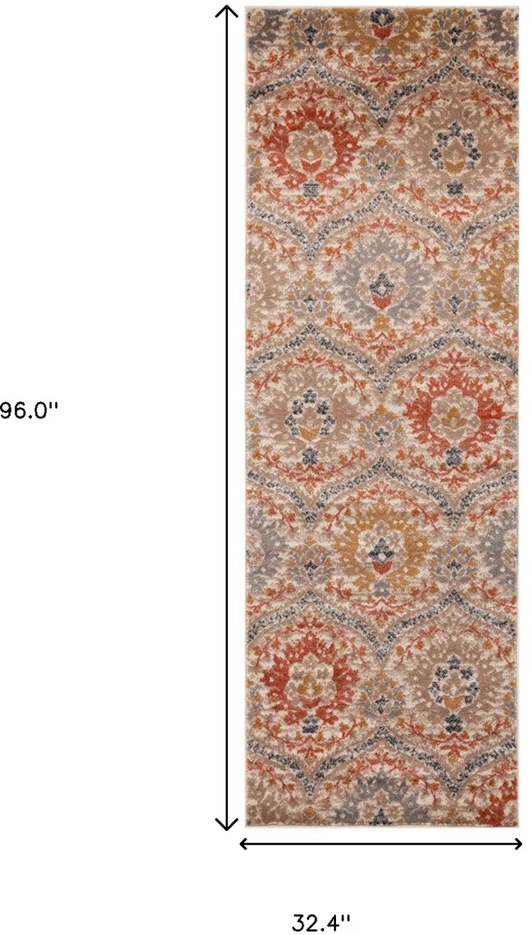 8' Ivory Orange And Gray Floral Stain Resistant Runner Rug Photo 5