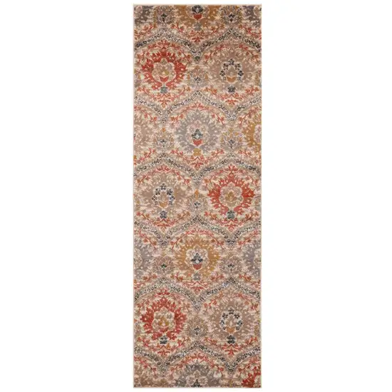 8' Ivory Orange And Gray Floral Stain Resistant Runner Rug Photo 1