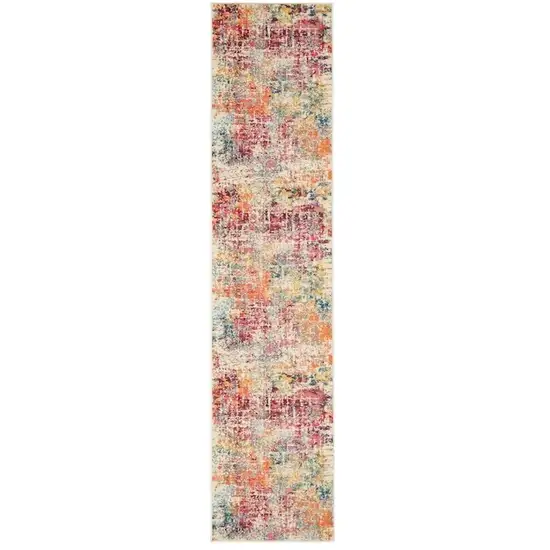 10' Ivory Orange and Pink Abstract Distressed Non Skid Runner Rug Photo 2