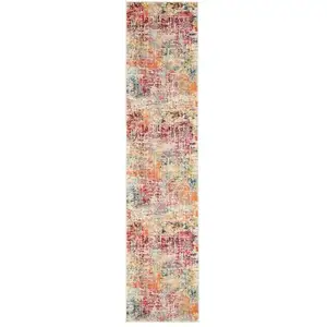 Photo of 10' Ivory Orange and Pink Abstract Distressed Non Skid Runner Rug