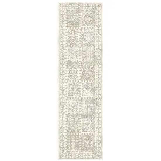 8' Ivory Oriental Distressed Runner Rug With Fringe Photo 4