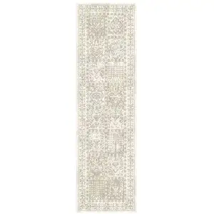 Photo of 8' Ivory Oriental Distressed Runner Rug With Fringe