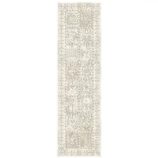 8' Ivory Oriental Distressed Runner Rug With Fringe Photo 2