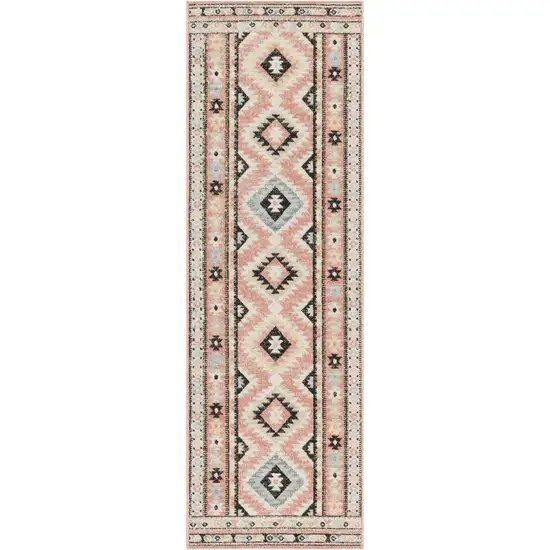 6' Ivory Pink And Black Geometric Flatweave Runner Rug Photo 5