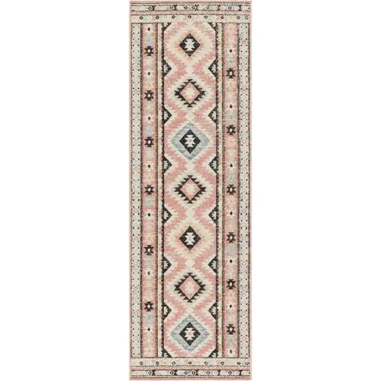 6' Ivory Pink And Black Geometric Flatweave Runner Rug Photo 2