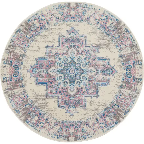 4' Ivory Pink And Blue Medallion Distressed Round Rug Photo 9