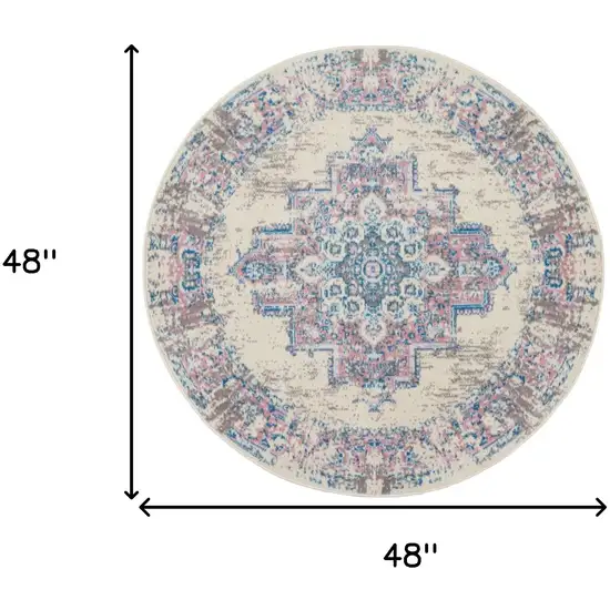 4' Ivory Pink And Blue Medallion Distressed Round Rug Photo 3