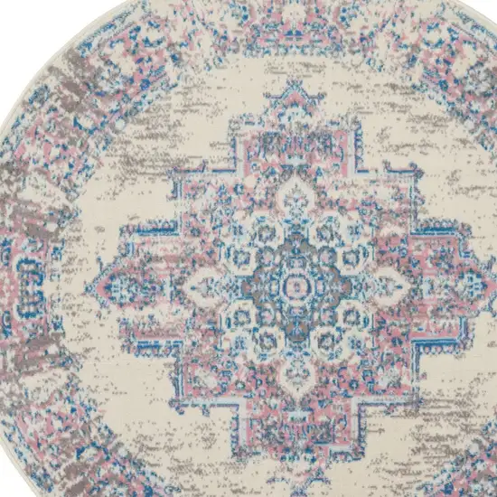 4' Ivory Pink And Blue Medallion Distressed Round Rug Photo 8