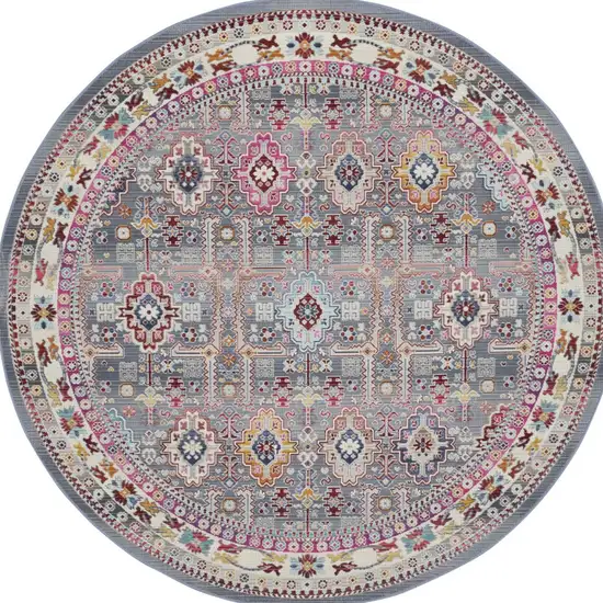 6' Ivory Pink And Gray Floral Distressed Round Rug Photo 8