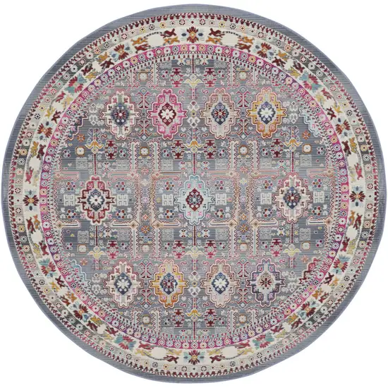 6' Ivory Pink And Gray Floral Distressed Round Rug Photo 2