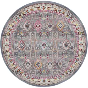 Photo of 6' Ivory Pink And Gray Floral Distressed Round Rug