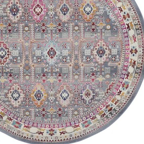 6' Ivory Pink And Gray Floral Distressed Round Rug Photo 7