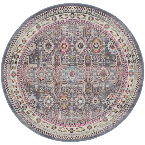 4' Ivory Pink And Gray Floral Distressed Round Rug Photo 2