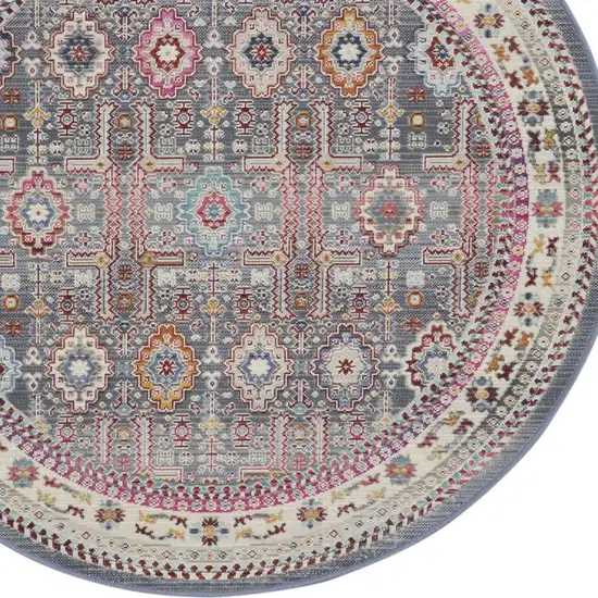 4' Ivory Pink And Gray Floral Distressed Round Rug Photo 7