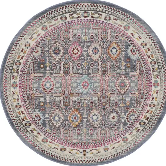 4' Ivory Pink And Gray Floral Distressed Round Rug Photo 8