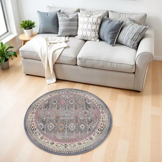 4' Ivory Pink And Gray Floral Distressed Round Rug Photo 1