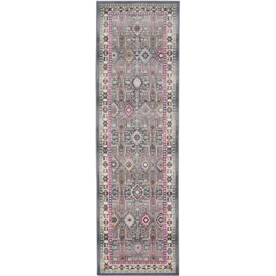 8' Ivory Pink And Gray Floral Distressed Runner Rug Photo 2