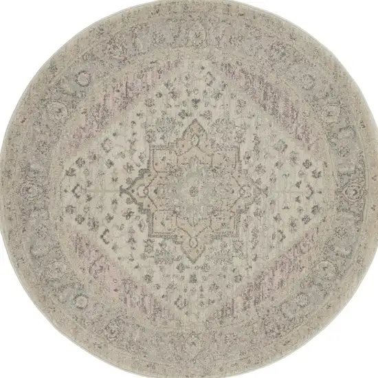 5' Ivory Pink And Gray Floral Medallion Distressed Round Rug Photo 7