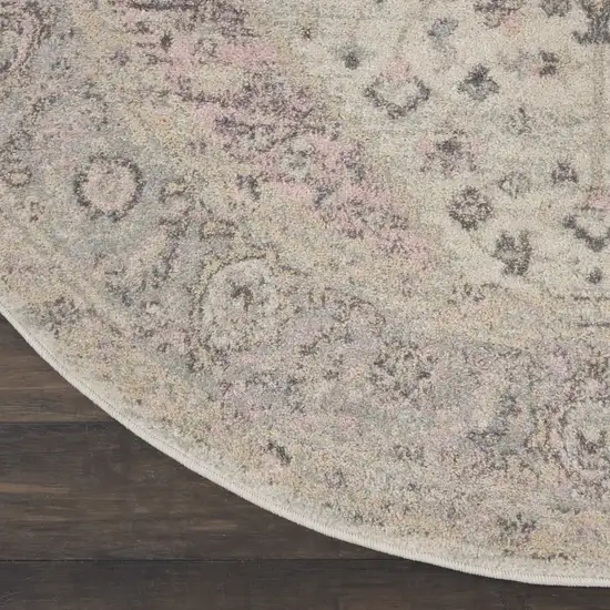 5' Ivory Pink And Gray Floral Medallion Distressed Round Rug Photo 4