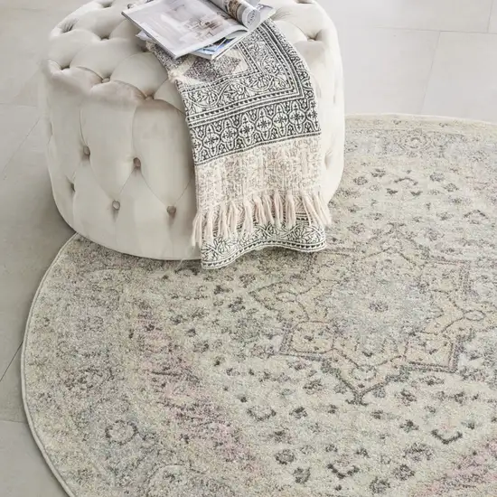 5' Ivory Pink And Gray Floral Medallion Distressed Round Rug Photo 9