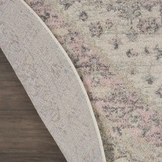 5' Ivory Pink And Gray Floral Medallion Distressed Round Rug Photo 8