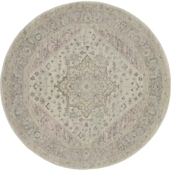 5' Ivory Pink And Gray Floral Medallion Distressed Round Rug Photo 2